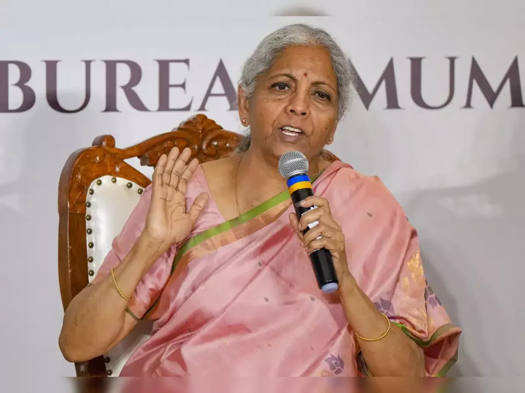 "Nirmala Sitharaman discussing India’s efforts to reduce import duties during a post-budget press conference."