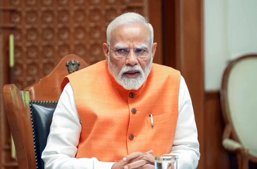 Prime Minister Narendra Modi addresses the Uttar Pradesh International Trade Show 2025 in Greater Noida, highlighting India’s self-reliance and resilience amid global trade disruptions. (PC: DD News)
