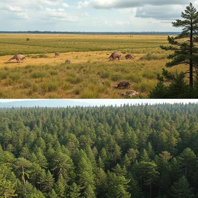 Before and after the dinosaurs: landscapes transformed from patchy plains to thick forests once dinosaurs disappeared. (Image: AI Generated)