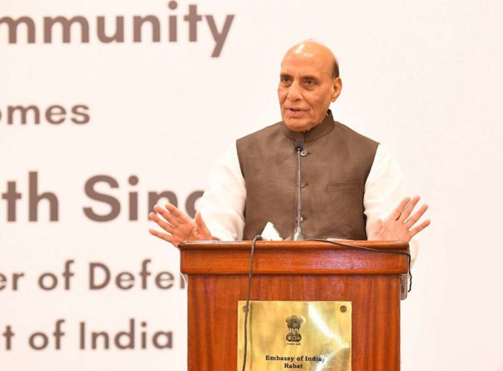 Defence Minister Rajnath Singh addresses the Indian community during his official visit to Morocco, where he spoke on US tariffs, defence cooperation, and PoK. (PC: IndiaTV)