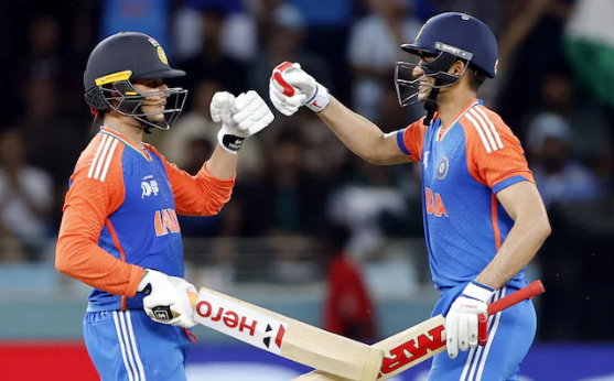 Indian openers Abhishek Sharma and Shubman Gill celebrate their partnership during the Asia Cup 2025 Super 4 clash against Pakistan in Dubai. (PC: NDTV)