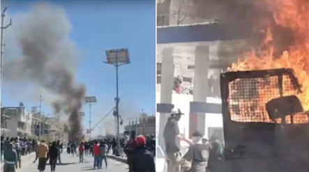 Violent turn in Ladakh statehood protest: Demonstrators clash with police in Leh, setting a police van on fire as tensions escalate over demands for statehood and constitutional safeguards. (PC: NEWS18)