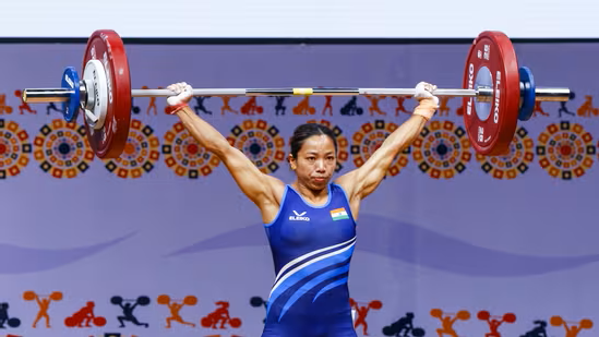 Indian weightlifting star Mirabai Chanu in action as she lifts the barbell during the World Weightlifting Championships 2025 in Førde, Norway, where she clinched a silver medal in the 48kg category. (PC: Hindustan Times)