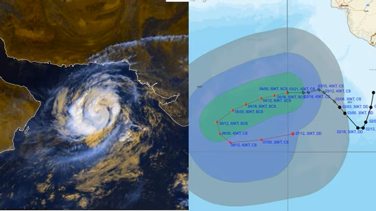 Satellite view of Cyclone Shakti swirling over the Arabian Sea as it moves northwestward, prompting heavy rain alerts across coastal Maharashtra. (Image Courtesy: Hindustan Times)