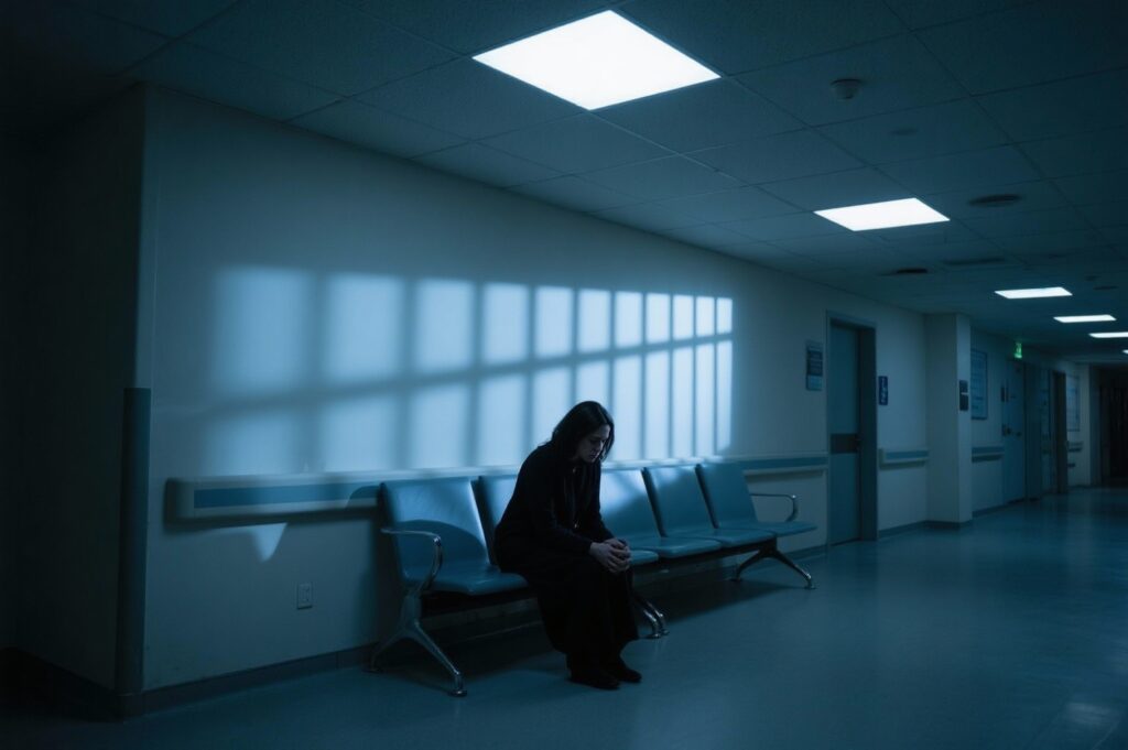 A symbolic image depicting a lone woman sitting in a dimly lit hospital corridor reflecting isolation, harassment, and systemic failure following the tragic death of a young doctor in Maharashtra’s Satara district. (Image: AI Generated)