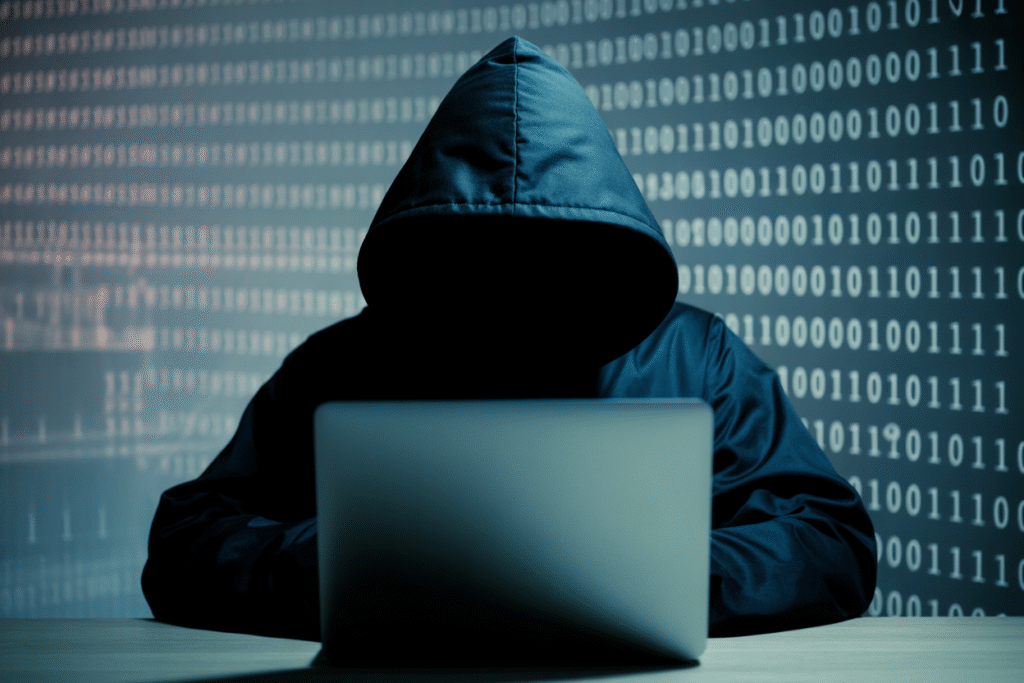 A symbolic representation of cybercrime a hooded hacker at a laptop as the Supreme Court directs CBI to probe rising “digital arrest” scams across India. (Image: AI Generated)