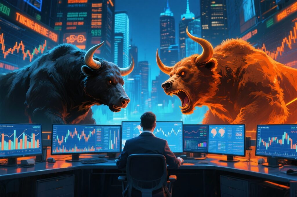 Bull and bear face off on a digital trading floor as global market optimism lifts Indian equities Nifty50 opens above 25,850 and Sensex gains over 200 points amid positive cues and foreign inflows. (Image: AI Generated)