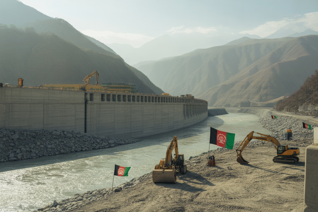 A view of the under-construction dam on the Kunar River in Afghanistan, with Afghan flags marking the site symbolizing Kabul’s move to restrict water flow to Pakistan amid rising regional tensions. (Image: AI Generated)