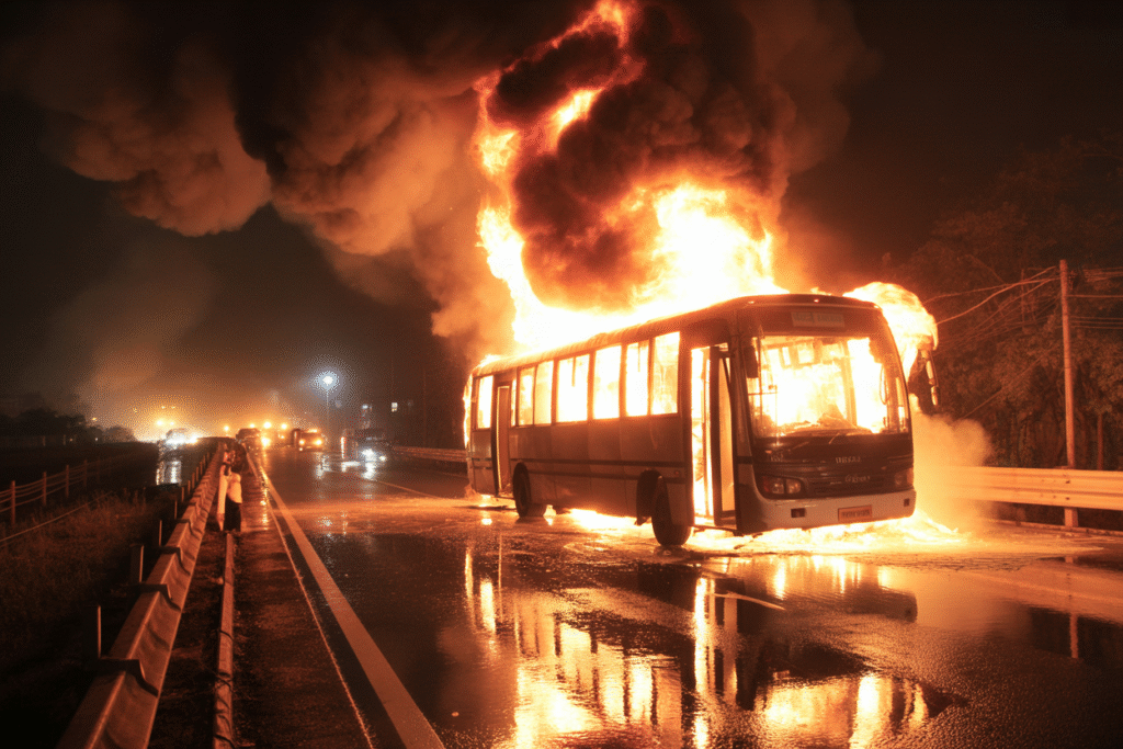 Flames engulf a passenger bus on a highway near Kurnool, Andhra Pradesh, in the early hours of Friday. The devastating fire claimed at least 20 lives as the vehicle traveling from Hyderabad to Bengaluru burst into flames after a collision. (Image: AI Generated)