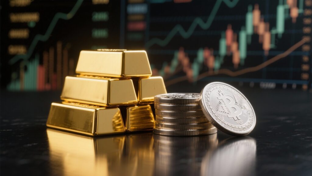Gold bars and silver coins displayed in a bullion market showroom. Precious metal prices surged to record highs on the MCX on October 17, driven by a weaker dollar, global uncertainty, and festive demand. (Image Source: AI Generated)