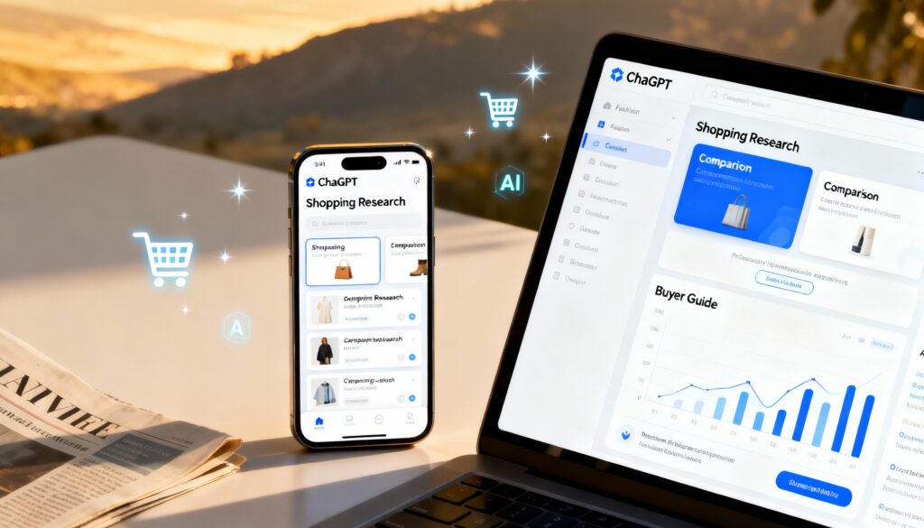 An illustration showing ChatGPT’s new “Shopping Research” interface, which helps users compare products and receive personalised AI-generated buying guides. (Image: AI generated)