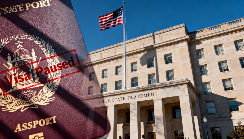 The US State Department has paused all visas for Afghan passport holders following a deadly shooting near the White House involving an Afghan national, prompting a fresh wave of immigration restrictions. (Image: AI Generate image)