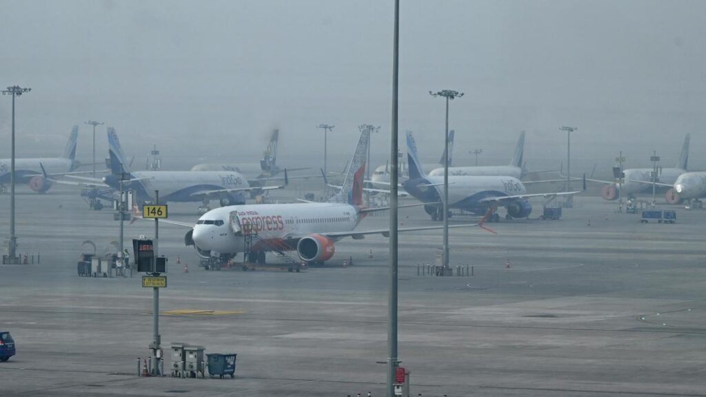 Aircraft remain parked at Indira Gandhi International Airport as dense fog and hazardous air quality disrupt flight operations across Delhi and parts of northern India. (PC: R.V. Moorthy)