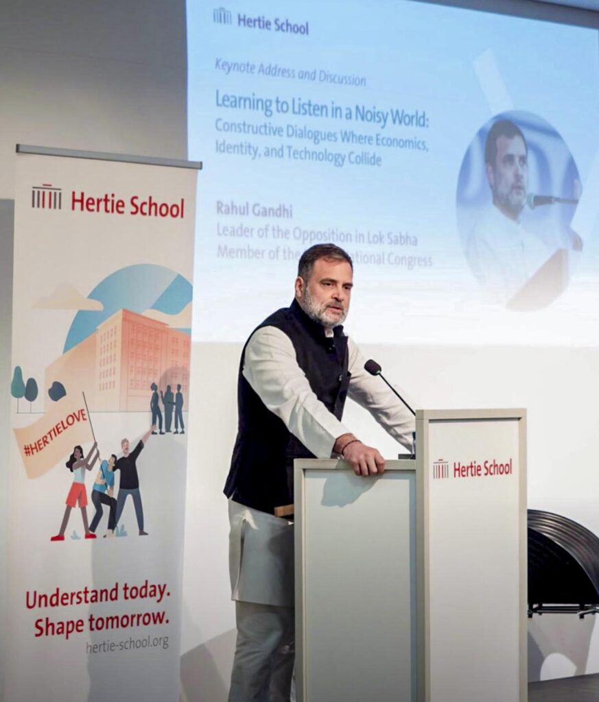 Leader of Opposition in the Lok Sabha and Congress leader Rahul Gandhi addresses a gathering during a visit to the Hertie School, in Berlin, Germany. (PC: X/@INCOverseas via PTI )
