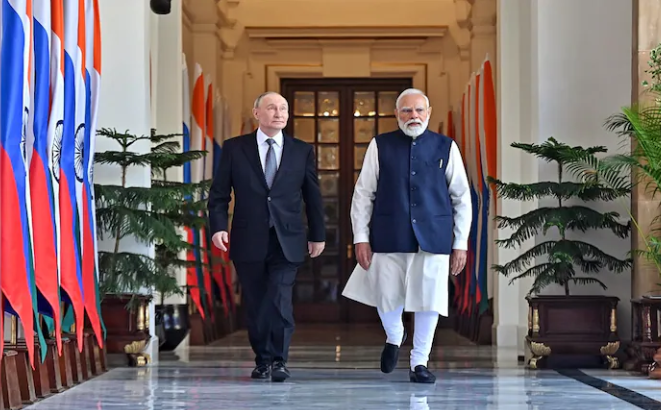 Prime Minister Narendra Modi and Russian President Vladimir Putin during the 23rd India–Russia Annual Summit, where both nations agreed to co-produce military hardware under the Make-In-India initiative. (PC: ANI)