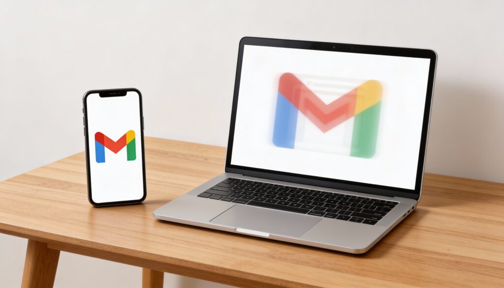 A smartphone and laptop displaying Gmail highlight Google’s new option to update an email address without losing existing messages or data (Representative AI Generated Image)