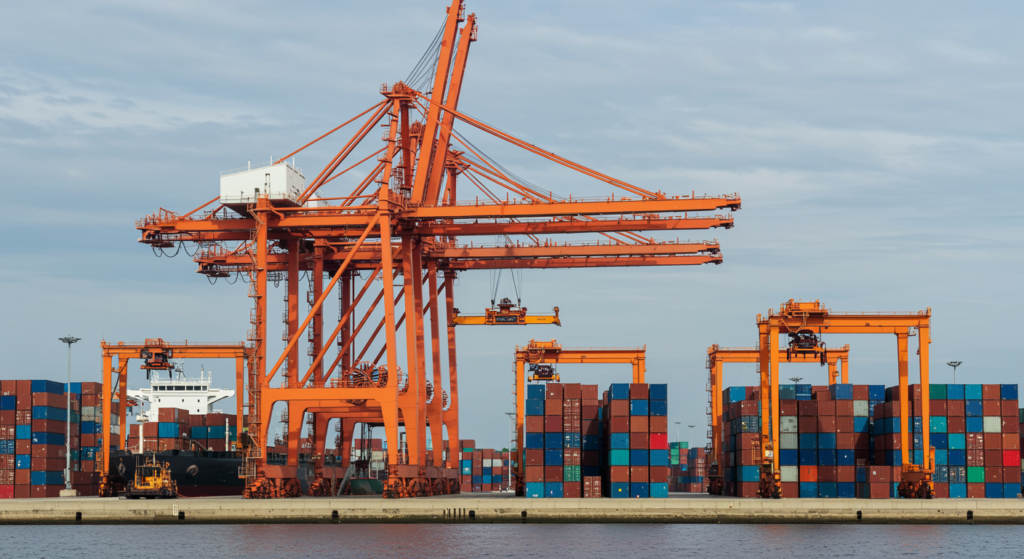 A cargo container bearing the Indian tricolour is lifted at a major port, symbolising India’s export trade, logistics infrastructure, and global commerce ambitions. (PC: AI Generated)