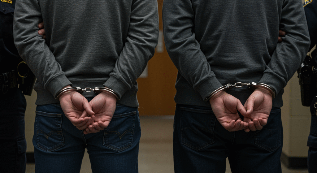 Police escort two brothers in handcuffs after their arrest in connection with the murder of their father, allegedly staged as a snakebite to claim a ₹3 crore insurance payout. (Image: AI Generated Representative Image)