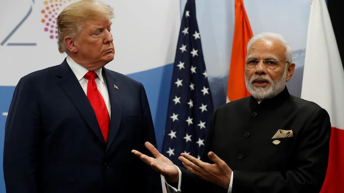 Former U.S. President Donald Trump and Indian Prime Minister Narendra Modi speak to reporters during a bilateral meeting, as discussions on trade and strategic ties between the United States and India continue.