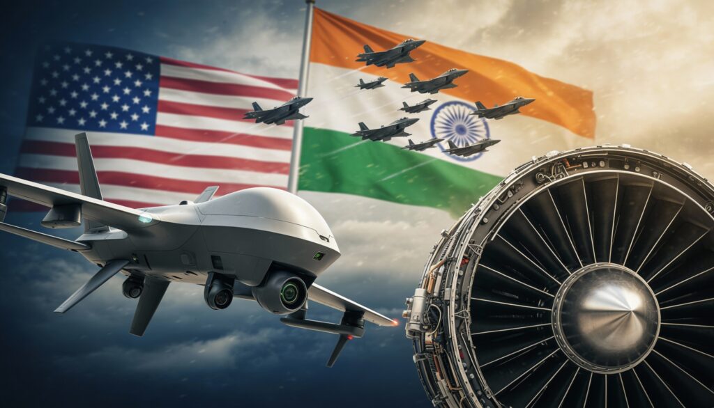 A composite illustration depicting India–US strategic trade ties, showing military drones, fighter jets, and a jet engine set against the Indian and American flags, symbolising expanded defence, aviation, and technology cooperation under the new trade framework. (Image: AI Generated)