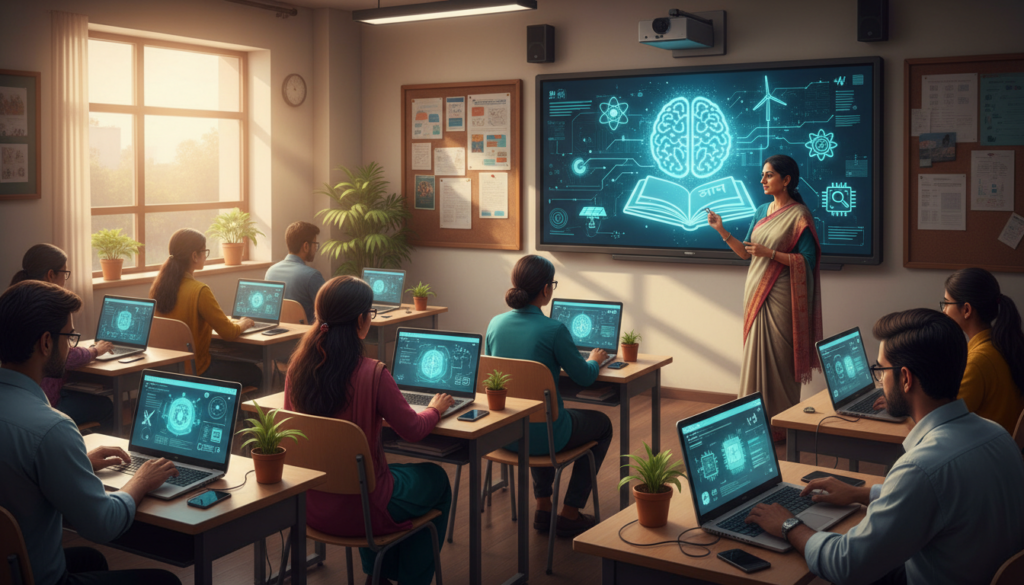 A student interacts with an AI-powered learning interface, reflecting Google’s expanding artificial intelligence initiatives in Indian classrooms and research labs. (Image: AI Generated)