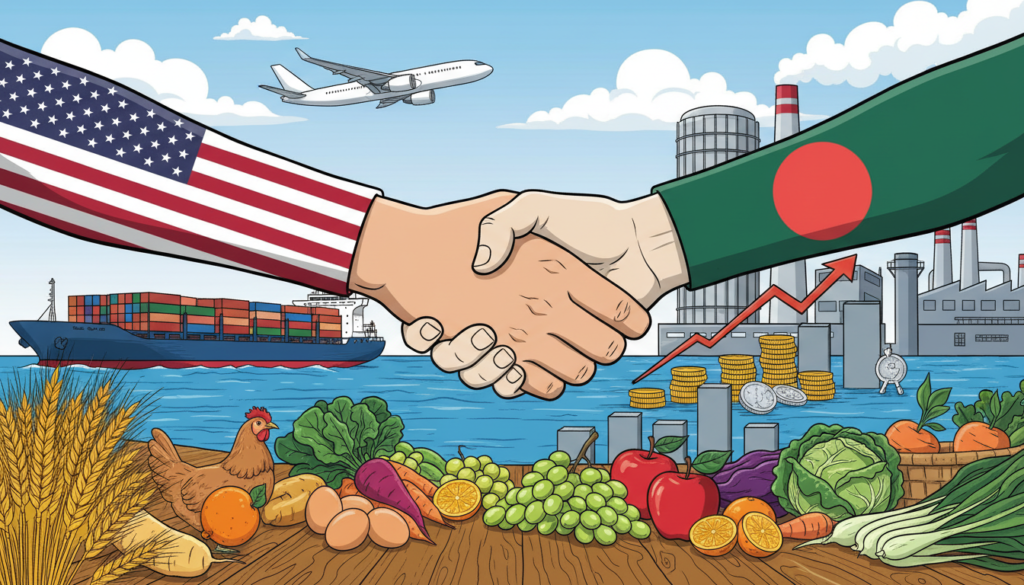US and Bangladesh seal a new reciprocal trade agreement aimed at lowering tariffs, boosting textile and agricultural trade, and strengthening economic and supply-chain cooperation, as both countries move to deepen strategic and commercial ties. (Image: AI Generated)
