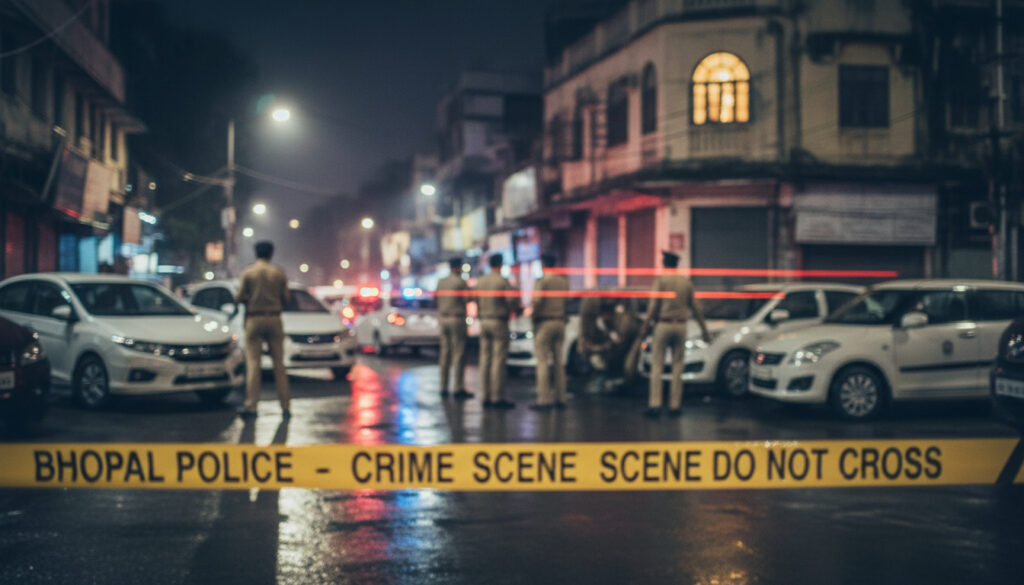 Police vehicles outside Kohefiza Police Station in Bhopal as investigators probe an alleged assault and digital blackmail case involving a minor student; a Special Investigation Team has been formed. (Image: AI Generated)