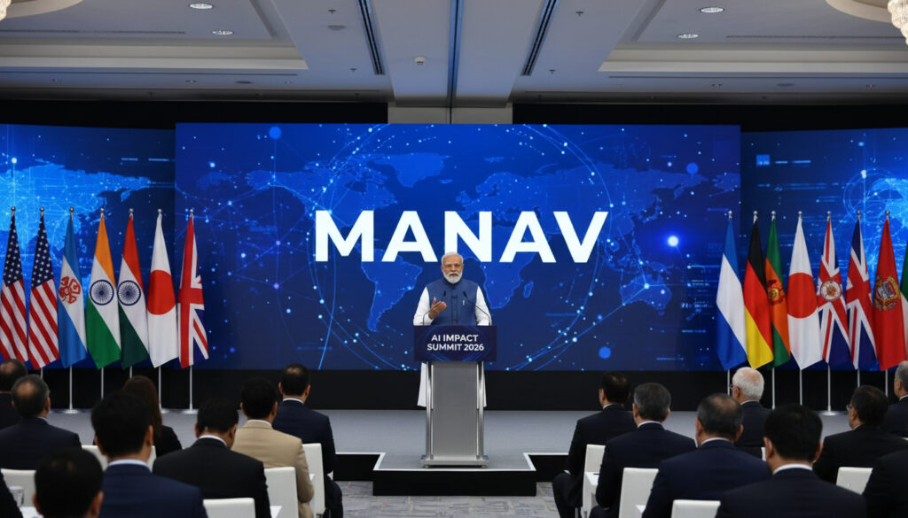 Prime Minister Narendra Modi addresses global leaders at the AI Impact Summit 2026 in New Delhi, outlining India’s MANAV vision for ethical and inclusive artificial intelligence. (Image: AI Generated)