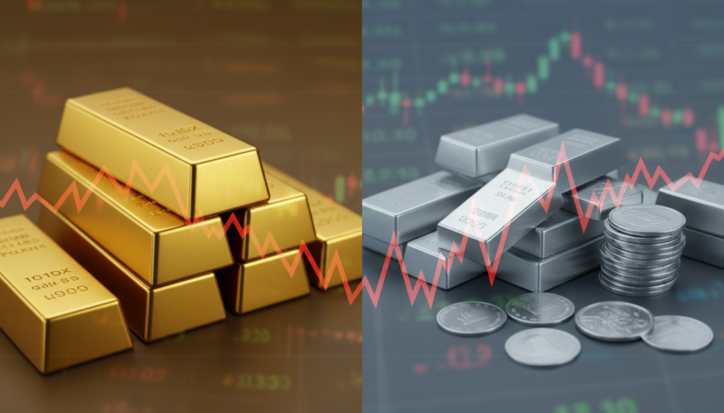 Gold and silver prices slide sharply on the MCX as bullion markets remain volatile following Budget 2026 and global dollar strength. (Image: AI generated)