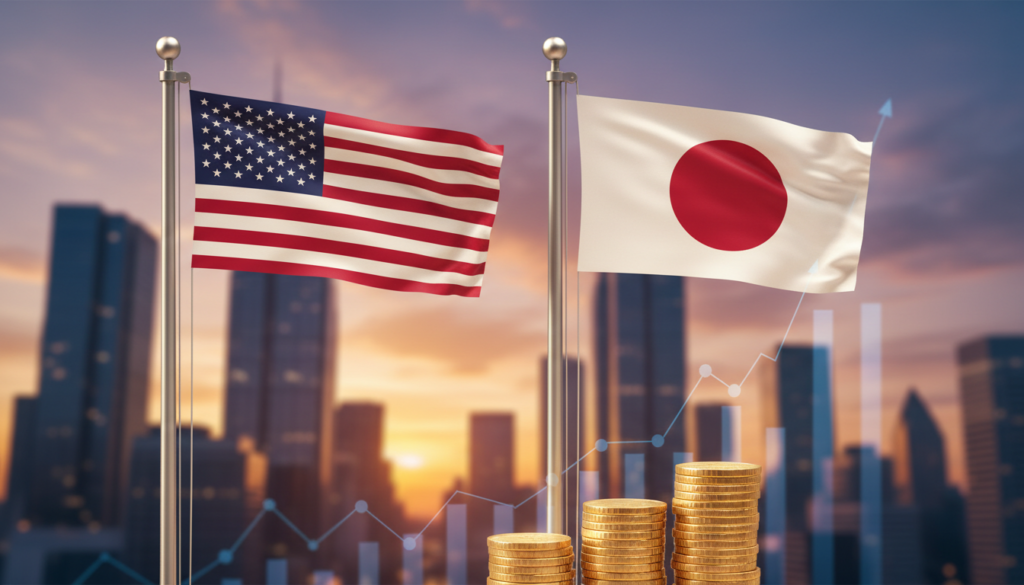 US and Japanese flags displayed alongside financial growth graphics, symbolising the newly announced $550 billion trade and investment agreement between Washington and Tokyo. (Image: AI Generated)