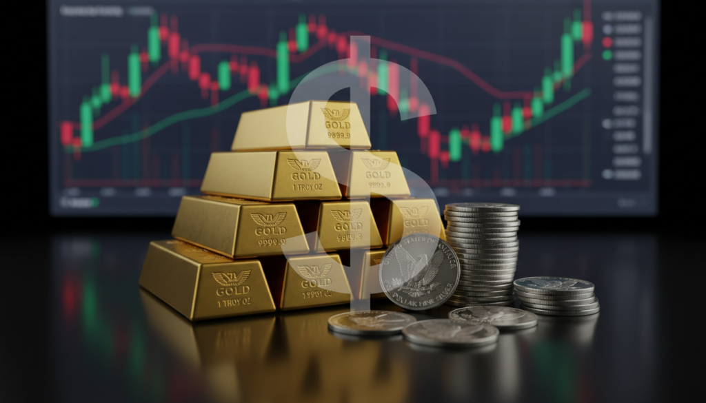 Gold and silver prices ease during Asian trading hours as a stronger US dollar and low liquidity weigh on precious metal markets. (Image: AI Generated)
