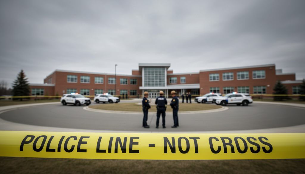 Police secure the area outside a school in Tumbler Ridge, British Columbia, after a mass shooting left nine dead and dozens injured; RCMP confirmed the suspected gunman was found deceased. (Image: Representative AI Generated Image)