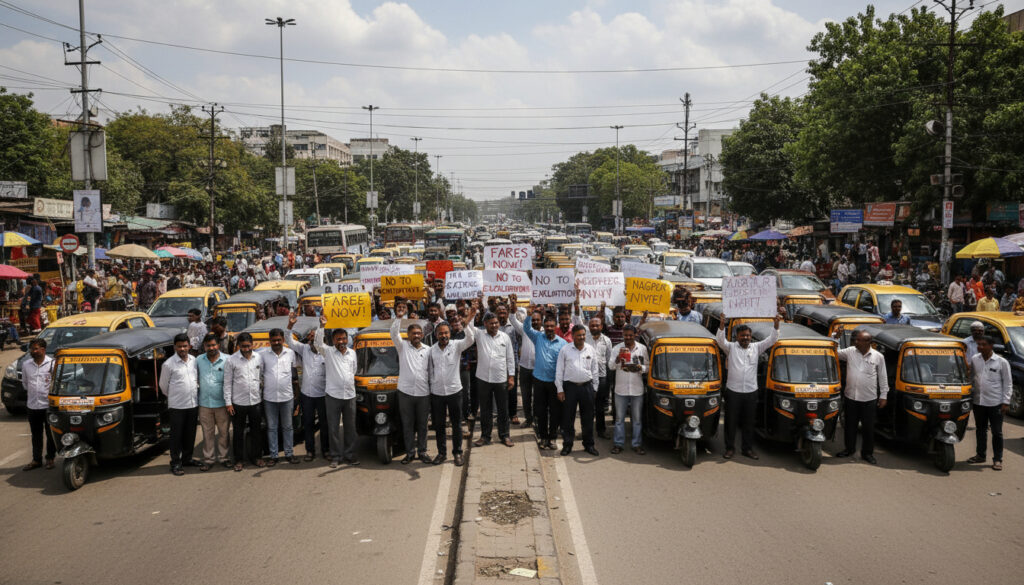 Cab and autorickshaw drivers stage a protest in Nagpur against alleged fare violations by app-based cab operators and the unchecked rise of illegal bike taxis, ahead of a city-wide strike call. (Representative Image: AI Generated)
