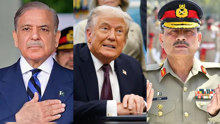 Pakistan Prime Minister Shehbaz Sharif, US President Donald Trump, and Pakistan Army Chief General Asim Munir symbolising Islamabad’s high-level outreach to Washington amid domestic backlash over a less favourable US trade tariff outcome compared to India. (PC: NDTV)