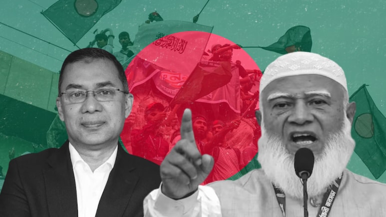 BNP leader Tarique Rahman and Jamaat-e-Islami chief Shafiqur Rahman pictured against the backdrop of Bangladesh’s national flag, as the 2026 general election reshapes the country’s political landscape. (PC: NDTV)