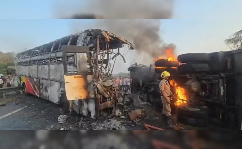 Burnt private travel bus after collision with tipper lorry in Andhra Pradesh’s Markapuram district, leaving 13 dead and several injured. (PC: NDTV)